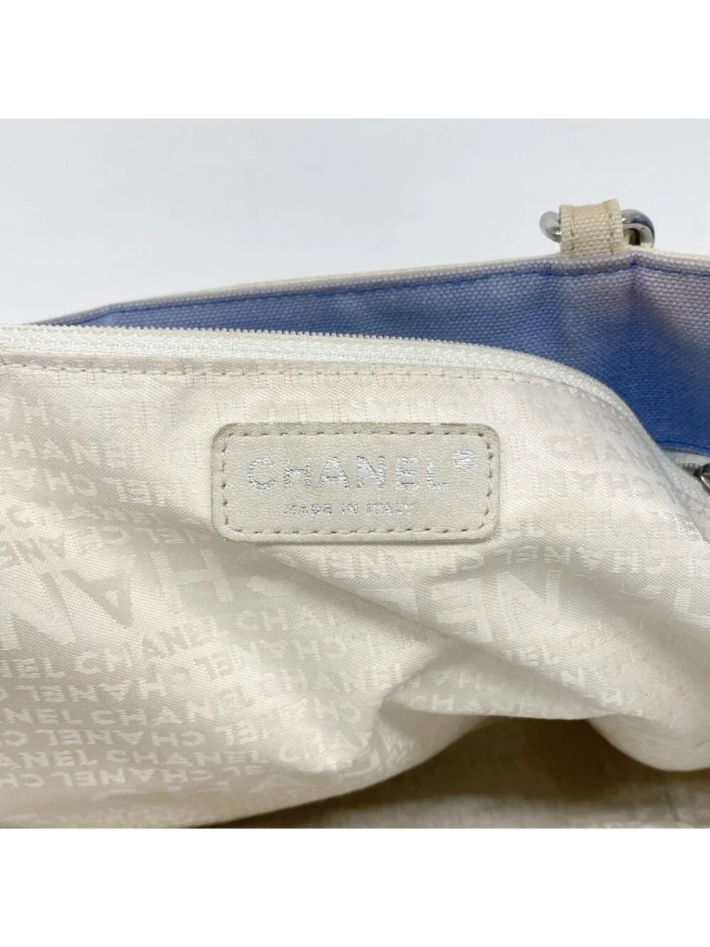 Chanel Chain Tote Bag Canvas White Blue Silver